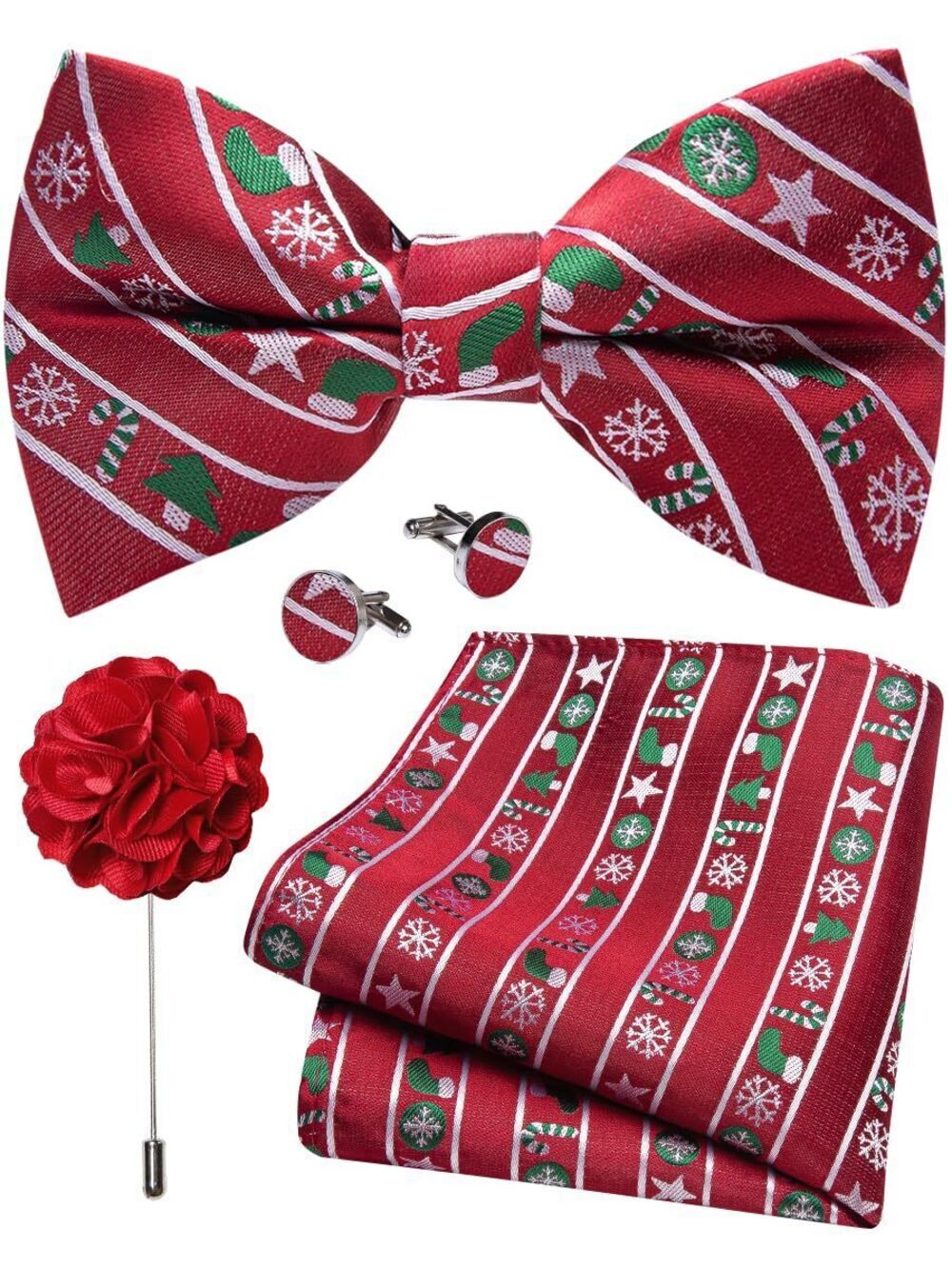 9015 Christmas Bowtie Red Green Striped Pre-tied Tuxedo Xmas Bow Tie Pocket